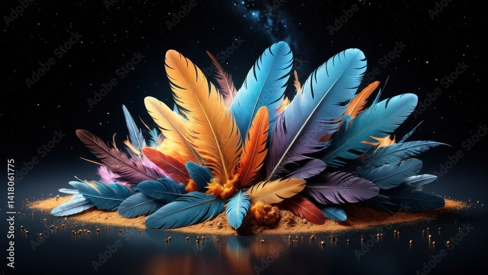 Colorful feathers in a cluster on a dark surface