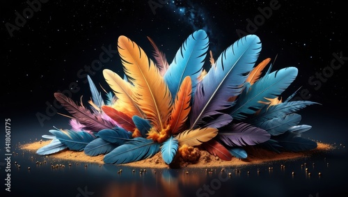 Obraz na płótnie Colorful feathers in a cluster on a dark surface w salonie