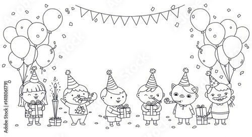 Festive birthday celebration with joyful kids in party hats blowing noisemakers surrounded by balloons and confetti creating a cheerful black and white scene