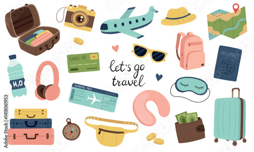 A set of cute travel elements. A collection of hand-drawn vacation items. Vector illustration
