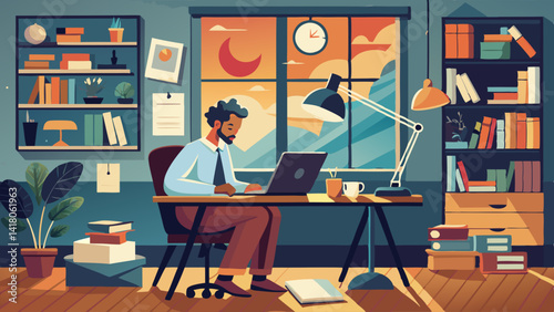 A man is sitting at a desk with a laptop and a book. He is wearing a tie and he is working. The room is filled with bookshelves and potted plants, creating a cozy and comfortable atmosphere