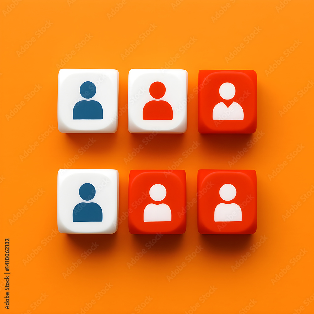 Modern Business Concept with Colorful Cubes Showing Human Icons on Orange Background, Flat Lay Design Symbolizing Team Diversity and Organizational Strategy, High Quality Abstract Visual for Corporate Modern Business Concept with Colorful Cubes Showing Human Icons on Orange Background, Flat Lay Design Symbolizing Team Diversity and Organizational Strategy, High Quality Abstract Visual for Corporate