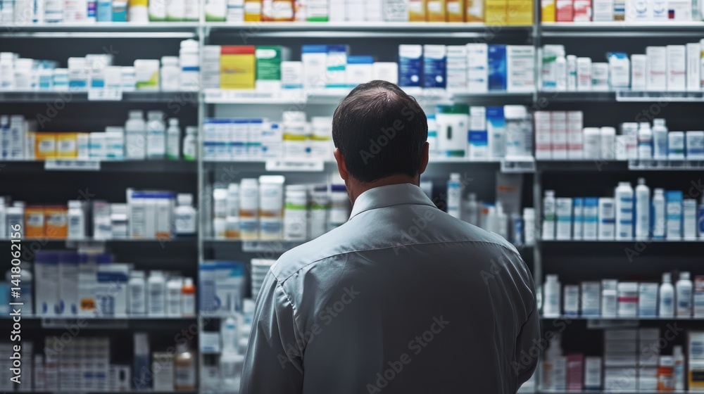 Man standing with back to medicine stand in a pharmacy, browsing health products Man standing with back to medicine stand in a pharmacy, browsing health products