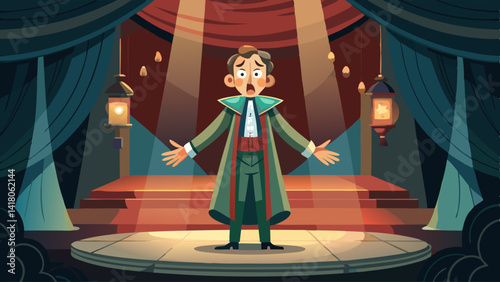 A man in a red costume stands on a stage in front of a curtain. He is smiling and he is a performer
