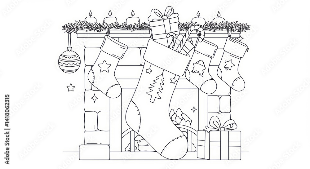 Obraz premium Festive Christmas fireplace scene with stockings and gifts coloring page for kids and family fun