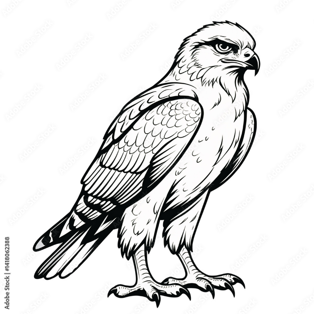 Black and White Hawk Line Art Illustration