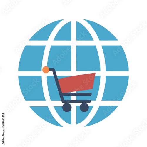Shopping Cart on Globe Icon Representing Global E-Commerce and Worldwide Online Trade