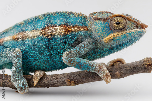 Chameleon mid-color-change perched on branch during quiet afternoon light