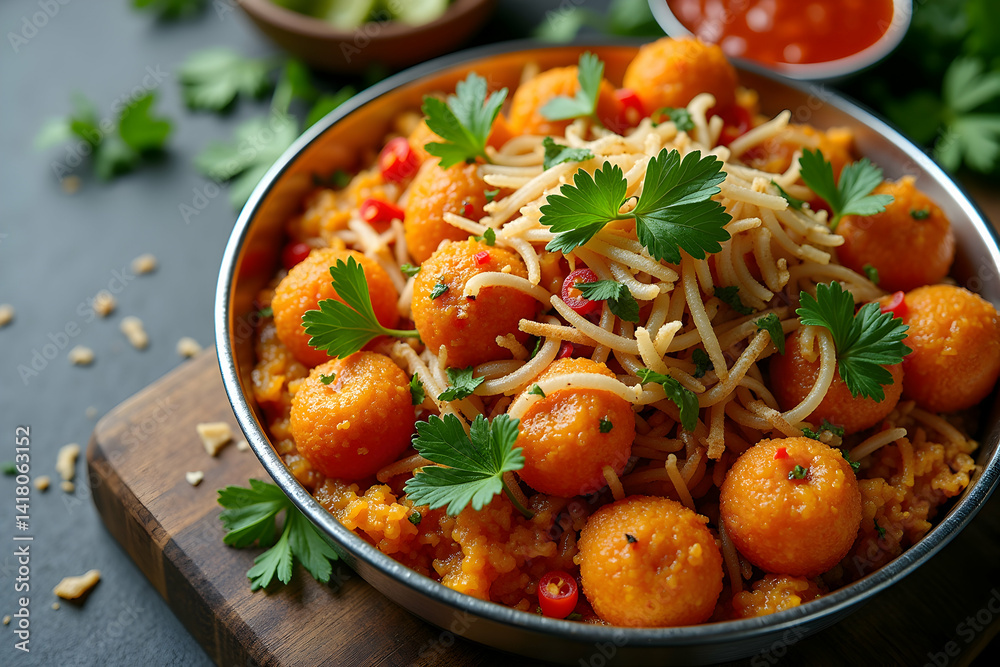 Exquisite Overhead Shot of Indian Manchurian with Noodles, Garnished with Fresh Parsley and a Zesty Chili Touch, a Delicious Culinary Presentation Exquisite Overhead Shot of Indian Manchurian with Noodles, Garnished with Fresh Parsley and a Zesty Chili Touch, a Delicious Culinary Presentation