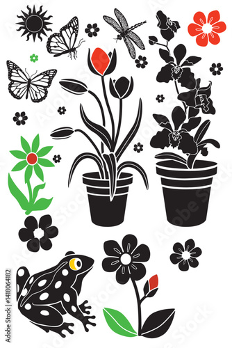set of flowers flower animal vector silhouette art design icon print shape petal leaf nature wildlife floral pattern graphic black white outline beauty clipart creative isolated minimal decor logo sty