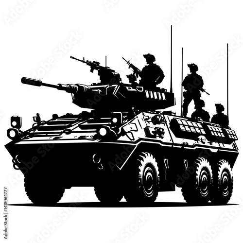 Military vehicle with soldiers preparing for action in silhouette  