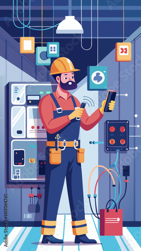 A man in a blue jumpsuit is holding a cell phone while standing in a room with electrical equipment