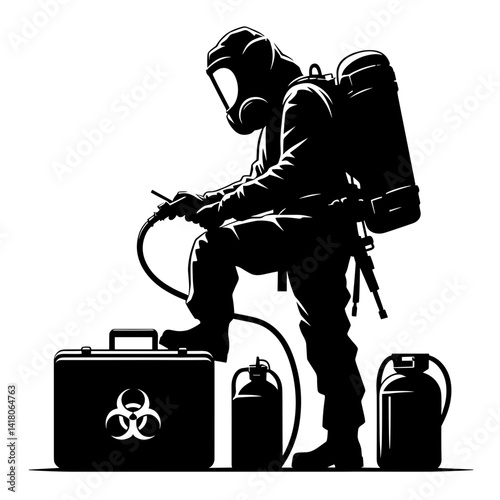 Hazardous Material Technician in Protective Gear Working with Equipment  