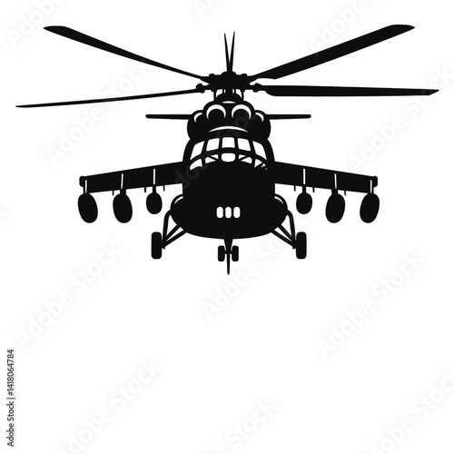 Military helicopter silhouette in black against white background  