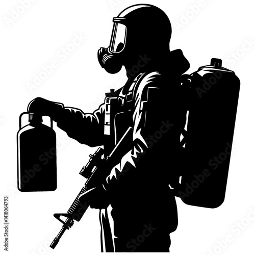 Gas Mask Soldier Holding Canister Against White Background  