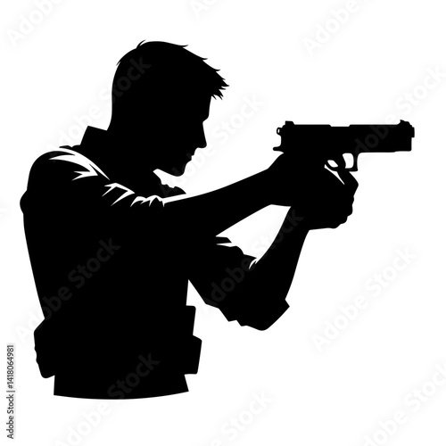 Silhouette of a man aiming a gun against a plain background  