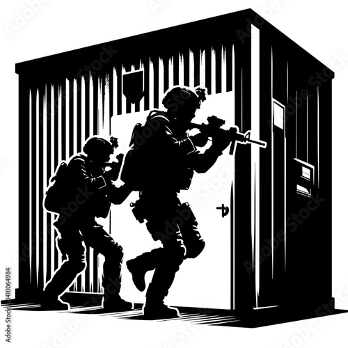 Soldiers in Action Breaching a Door in a High-Contrast Style  