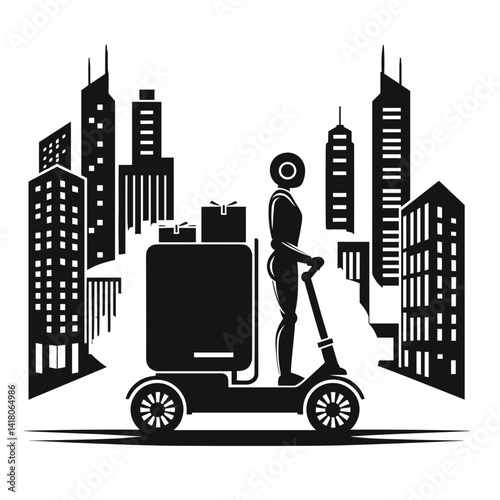 Robot delivering packages on a scooter against a city skyline  