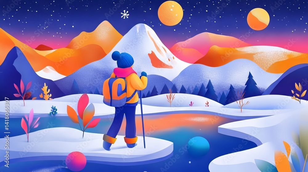 Naklejka premium Winter wanderer a lone hiker admires snowcapped peaks under a starry moonlit sky