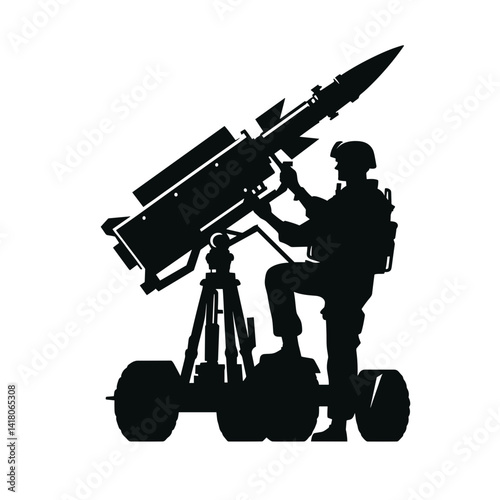 Soldier operating missile launcher against plain background  