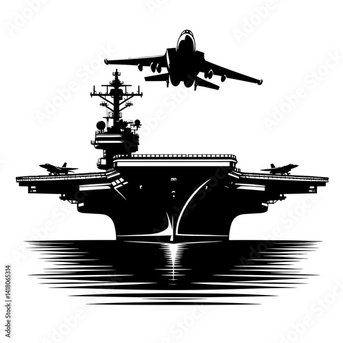 Aircraft carrier silhouette with jet aircraft flying above  