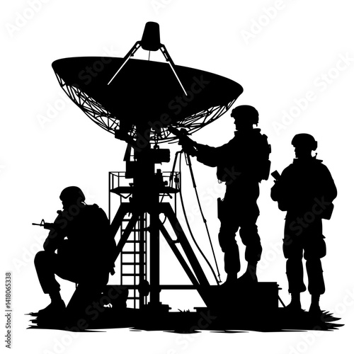 Soldiers operating satellite equipment in silhouette  