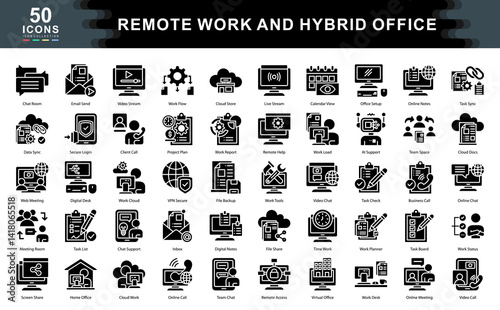 The Remote Work and Hybrid Office black icon set illustrates modern tools, environments, and communication essentials ideal for flexible teams, virtual collaboration, and productivity solutions.