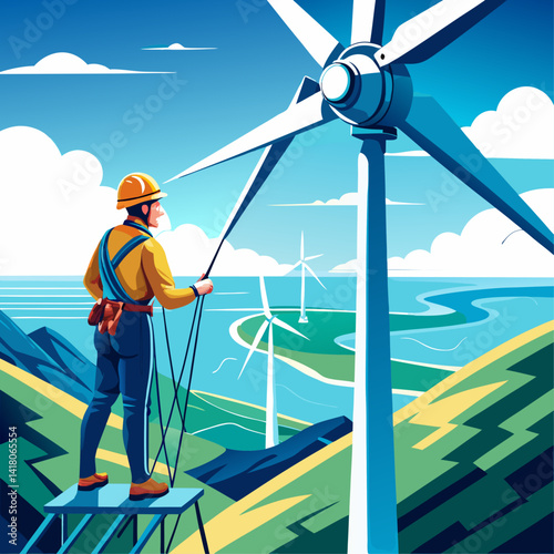 A man is standing on a platform next to a wind turbine. The man is wearing a hard hat and safety gear. The wind turbine is tall and has a large propeller