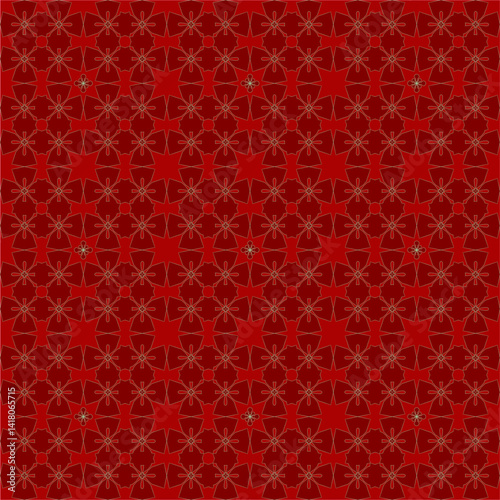Seamless pattern with deep red geometric four petal flowers
