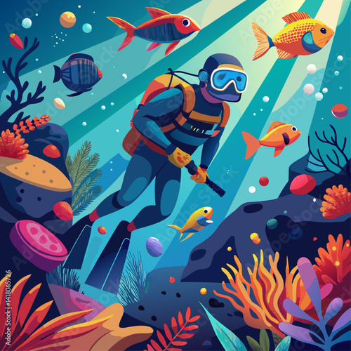 A man in a scuba suit is taking pictures of fish in a coral reef. The fish are swimming around him, and the scene is colorful and lively