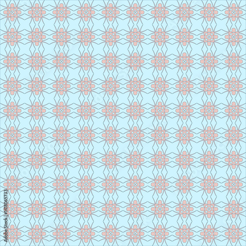 Seamless pattern with light blue background and line and abstract flower design in soft orange color