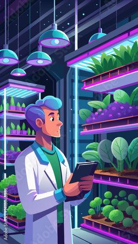 A man in a white lab coat is looking at a plant in a greenhouse. The plant is surrounded by shelves of other plants, and the man is holding a clipboard. Scene is scientific and focused
