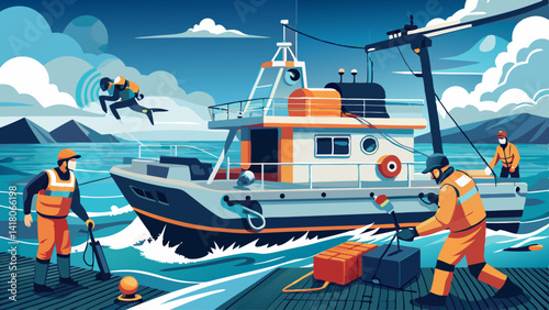 A group of men are working on a boat in the ocean. Scene is serious and focused, as the men are working hard to fix the boat. The idea of the image is that of teamwork