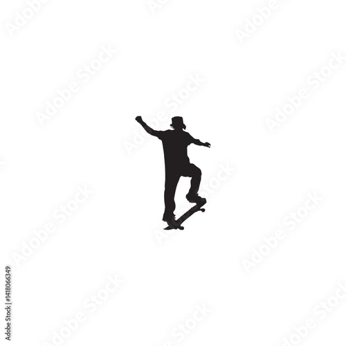 Silhouette of skateboarder performing trick isolated on white background full length