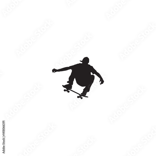Skateboarder in action silhouette dynamic skateboarding trick on white background