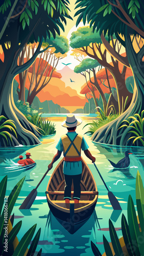 A man in a hat is rowing a boat down a river. The scene is set in a lush, tropical forest with trees and plants surrounding the water. The man is enjoying the peacefulness of the river