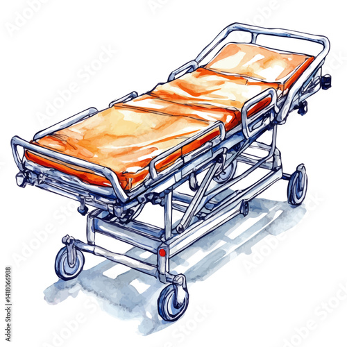 Hospital Stretcher In An Emergency Room, vector watercolor illustration, isolated on a white background.