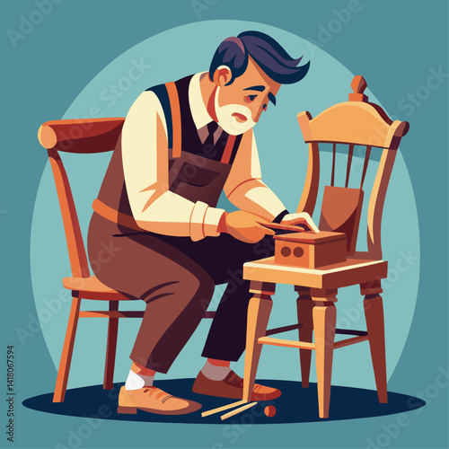 A man is sitting in a chair in a workshop. He is wearing an apron and he is working on a project. The scene is set in a dimly lit room with a wooden floor and shelves filled with various items