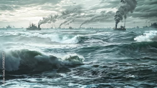 Steamships on a Rough Sea with Waves