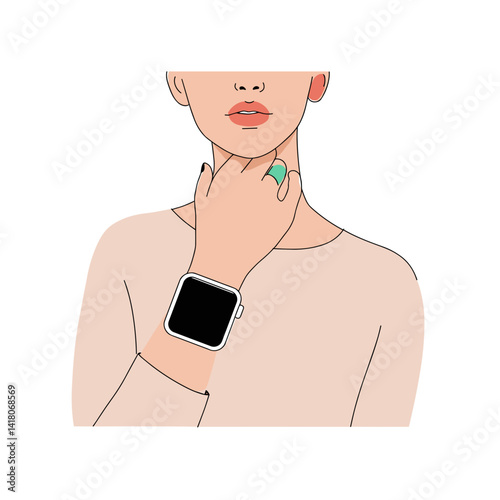 A woman touches her chin with her smartwatch hand