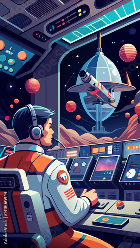 A man in a spacesuit is sitting in a control room with a view of the stars and planets