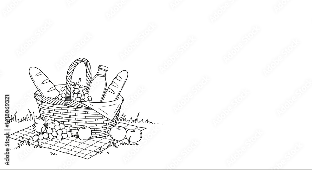 Fototapeta premium Basket with bread, grapes, and apples on picnic blanket in grass