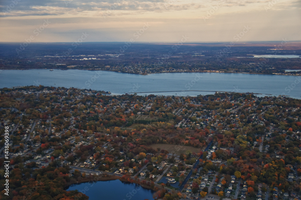 Providence, Rhode Island, fall at sunset from Airplane, Aerial, Downtown USA city skyline on the Providence River.