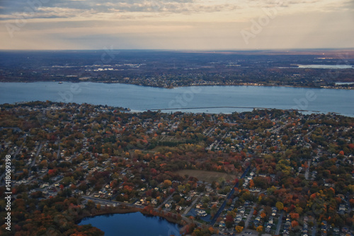 Obraz na płótnie Providence, Rhode Island, fall at sunset from Airplane, Aerial, Downtown USA city skyline on the Providence River. w salonie