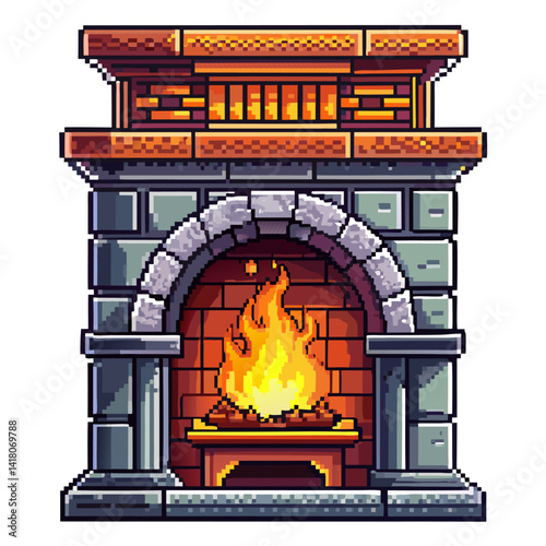 Retro Pixel Art Fireplace with Bright Flames in a Cozy Stone Setting