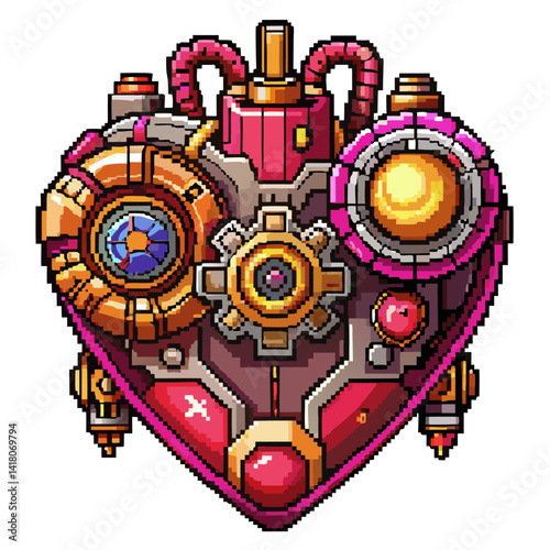 Steampunk Pixel Art Heart with Gears and Pipes Retro Mechanical Design