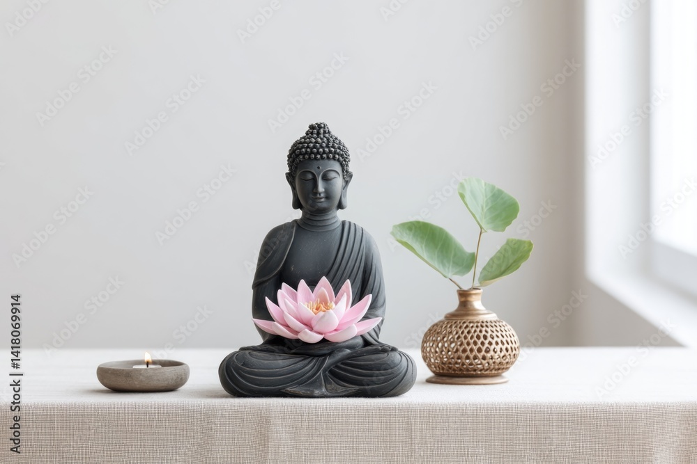 Small Buddha Statue Surrounded by Lotus Flower on a Linen-Covered Table Capturing Tranquility and Calmness in a Serene Space