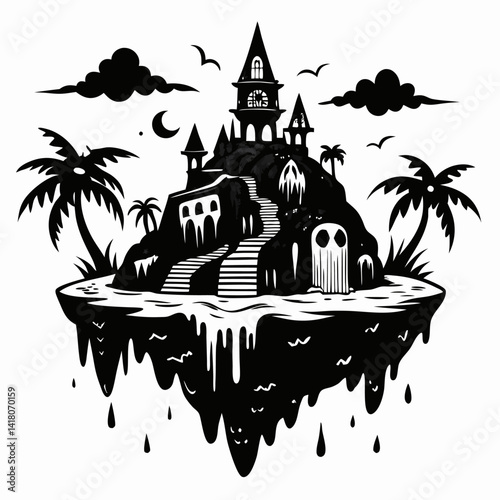 Floating Gothic Island with Haunted House and Dripping Details