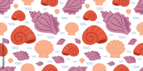 Sea hand-drawn seashells, spiral shells, clamshells, and ocean wave pattern on white background, ideal for summer beach prints, marine wrapping paper, and coastal textile design.
