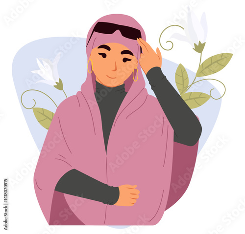 A woman dressed in a pink hijab and sunglasses poses gracefully, showcasing her style and confidence. Floral elements accentuate her captivating presence and vibrant look.